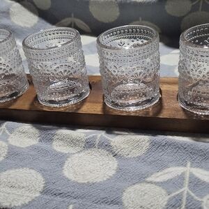 Clear Glass Votive Tequila Shot Holder on Wooden Tray